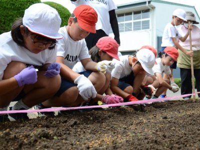 小学生と一緒に大豆の種まき